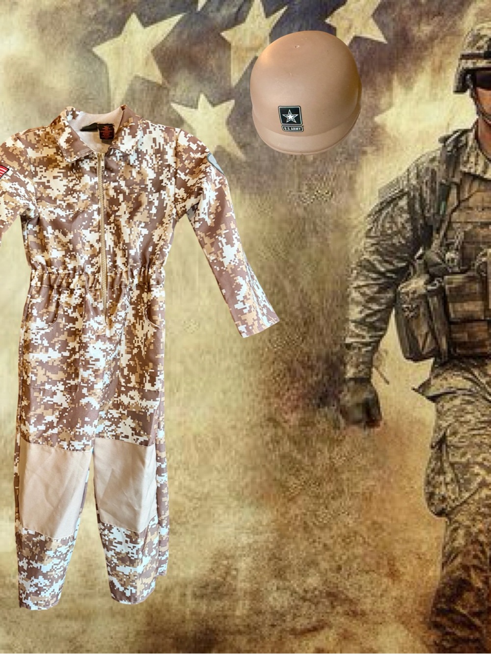 Kids Army Desert Camo Soldier Costume with Helmet - Tan Size 5/6 Child.